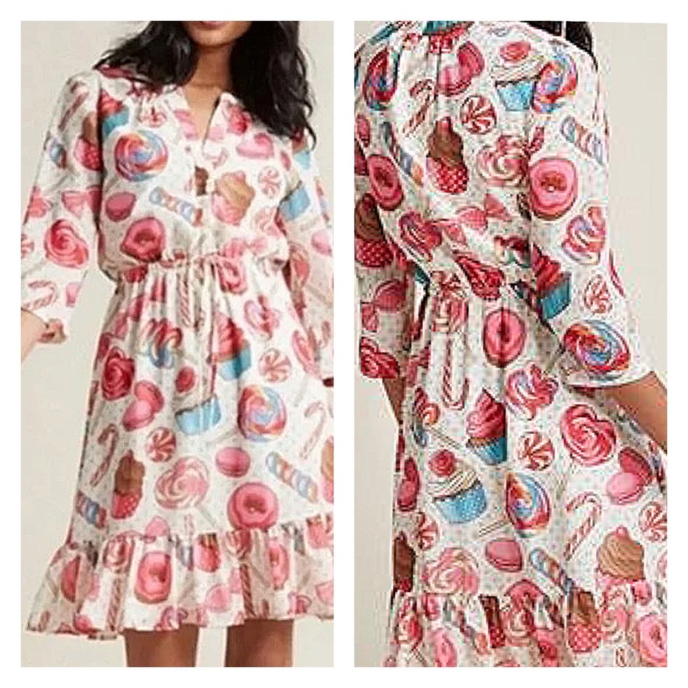 ModCloth Candyland Print Blouson 3/4 Sleeve Flounce Hem Dress Women’s Size M